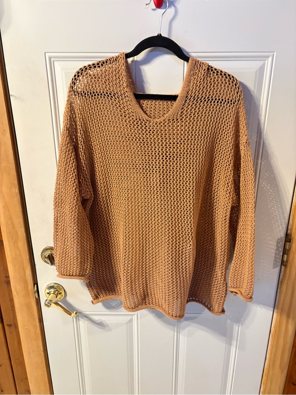 Women's Open-Knit V-Neck Sweater in Tan Hoodie in the Back Size XLarge